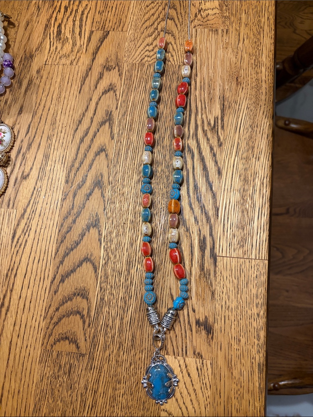 Handcrafted Multicolor Ceramic Bead Necklace - Red & Blue Accent